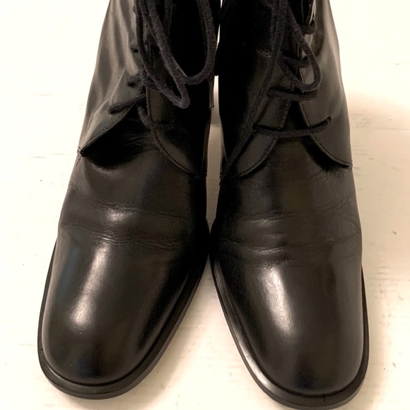 Shiny soft Black real Leather high ankle boots round toe tie-up laces Eu41 US 10 - Picture 2 of 14